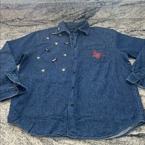 Karen Scott Blue Denim Halloween Shirt with Bat and Witch Embroidery